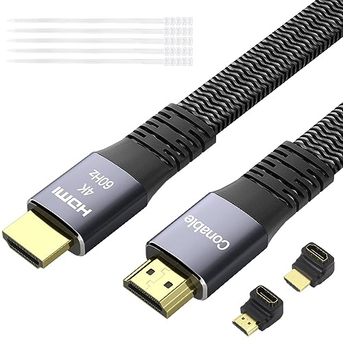 Flat HDMI Cable 25 Feet, 4K HDMI High Speed Braided Cord, Pure Copper, Supports 4K@60Hz 2160p 1080p HDR HDCP 2.2 ARC Full 3D (with 25 Ties and 2 HDMI Adapters)- 25FT