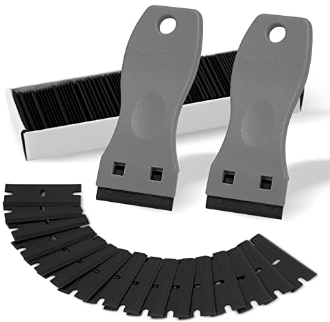 FOSHIO 2 pcs Grattoirs, Grattoir pour Plaque Vitrocéramique Verre Plaque Grattoir avec 100 raclettes de en Plastique, pour enlever Les étiquettes, a Colle, (Gris)