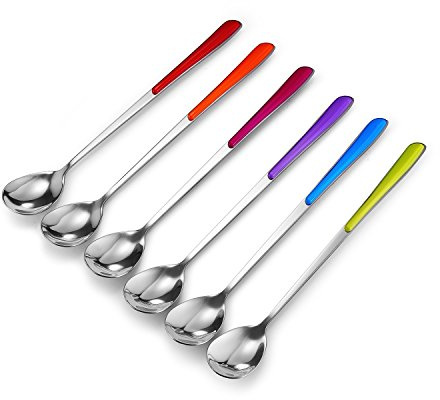 Farbige Dessertlöffel aus Edelstahl, langer Griff, Eistee, Kaffeelöffel, 6 Stück (farbiges Set) (6 Farben)