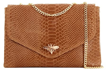 Double Tree - Sac A Main Bandoulière Chaîne En Cuir Véritable Motif Serpent - Sacoche Relief Abeille Doré - Pochette Enveloppe Fantasie Soirée Cérémonie - Mode Designé - Camel