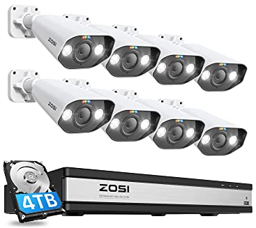 ZOSI 4K Kit de Cámara de Vigilancia PoE 8pcs 5MP Sistema de Seguridad con 16CH 8MP NVR y 4TB HDD, Visión Nocturna en Color, Detección IA de Personas y Vehículos, Audio Bidireccional