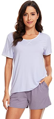 WiWi Pyjama für Damen, superweich, kurzärmeliges Oberteil mit Shorts, Pyjama-Set, Rundhalsausschnitt, kühlende Nachtwäsche-Sets für den Sommer, Größe S-XXL, B-Pastellviolett, XXL