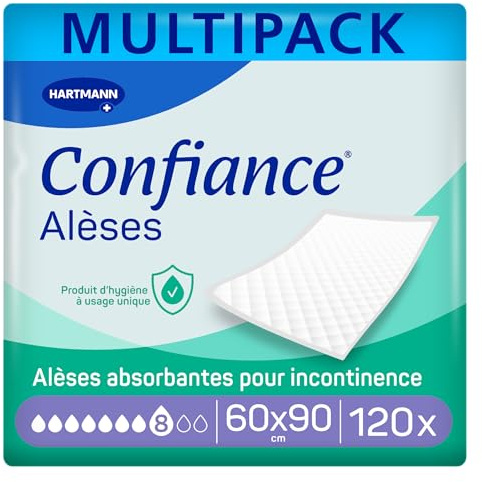Confiance Alèse 8 Gouttes Alèses Jetables | 60x90 cm | 4 x 30 unités, alèses pour la protection de la literie ou du fauteuil, avec un voile imperméable et antidérapant
