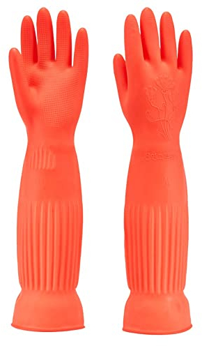 YIOIY Reusable Household Gloves,Rubber Dishwashing Gloves,Extra Thickness,Long Sleeves,Kitchen Cleaning,Indoor and Outdoor Cleaning (Red, S)
