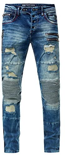 Rusty Neal Biker-jeans för män Misato, DIE-absolute-jeans, slim fit, stretch, destroyed biker, zip-design med snygg knappslå och kontrastsöm 241, Vintage begagnad, 38W x 32L