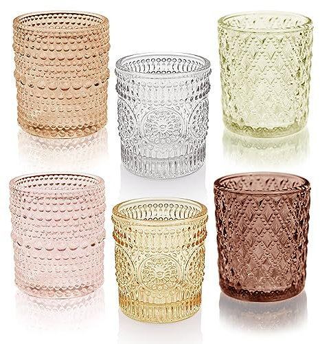 12 pcs Glass Votive Candle Holders, 6 Colors 3 Patterns Tealight Candle Holders for Fall Wedding Table Centerpiece Birthday Decoration