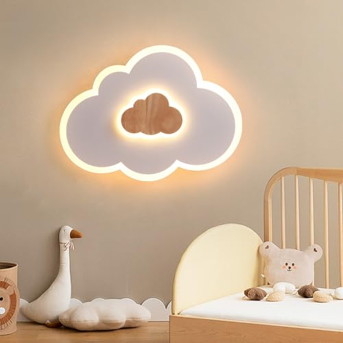 FANLG Lampara Infantil techo, 50cm Plafon led techo Regulable 3000K-6000K | Lampara led techo Nubes Luces 26W Madera Lampara techo con luz nocturna, Plafones para techo led para habitacion, Dormitorio