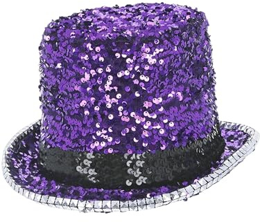 Smiffys Chapeau haut-de-forme fever de luxe en feutre avec paillettes, violet, Bord intérieur élastique et rebord clouté
