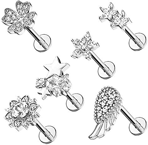 Taffstyle Tragus Ohr Knorpel Piercing Kristall Stecker 6er Set | für Ohr Tragus Helix Lippe Labret
