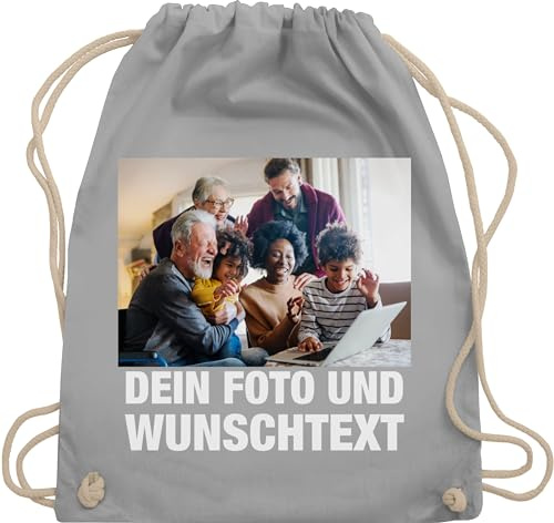 Turnbeutel Rucksack - Geschenk mit Bild I eigenem Foto I Name I eigener Text I Wunschtext - Unisize - Hellgrau - kinder kita wechselkleidung beutel selbst drucken diy stoffbeutel