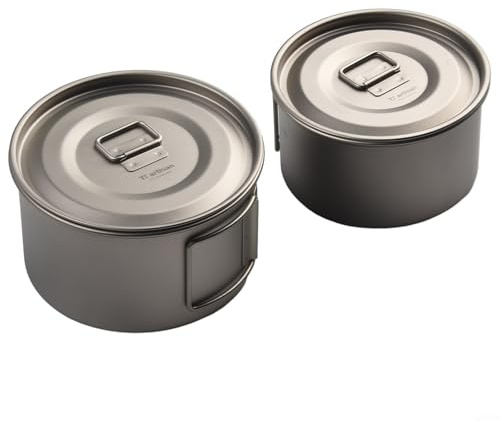Titan-Schüssel, Camping-Kochgeschirr, Outdoor, leicht, Reise-Kochbecher, Küchenschüssel-Set, faltbarer Griff, rostfrei (450 ml mit 600 ml Schüsseln mit Deckel)