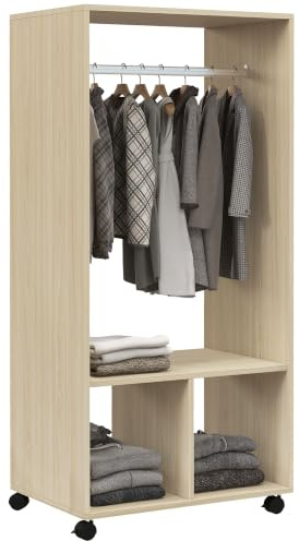 HOMCOM Offener Kleiderschrank auf Rollen, 2 Ablageböden, Natur | Schlafzimmer-Kleiderschrank, Kleiderstange, Mobiler Kleiderständer, für Garderobe, Flur