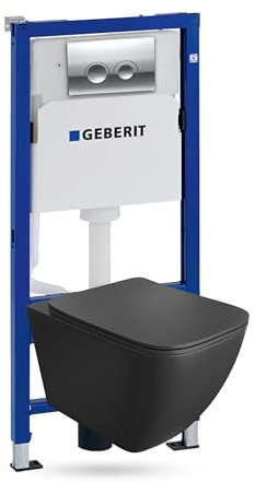 Lavita Duofix Basic Vorwandelement + Wand Tiefspül WC Onil Schwarz Spülrandlos + WC Sitz + Bedienplatte Delta 25 Verchromt Knopf Komplettset Unterputz Spülkasten Toilette Komplett Sett WC