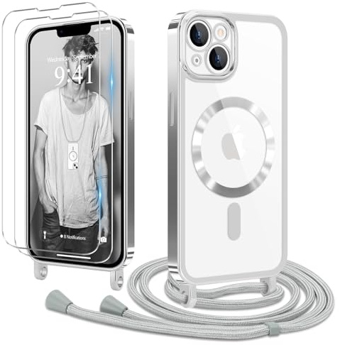Ethanger für iPhone 13 iPhone 14 Hülle mit Band + 2 Schutzfolie, Silber | Handyband Transparent Silikon Handyhülle, Magnetische Schutzhülle Case zum Umhängen Kordel