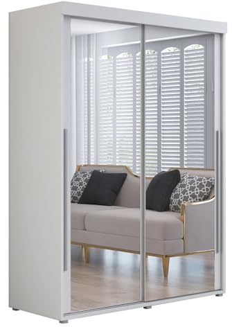 Meble Slupia Kleiderschrank IGA 2 - Schiebetüren mit Zwei Spiegel - Holzwerkstoff, Kleiderstange, Geteilte Tür - Für Schlafzimmer, Vorraum, Garderobe - Silberner Griff - 150x202x62 cm, Weiß