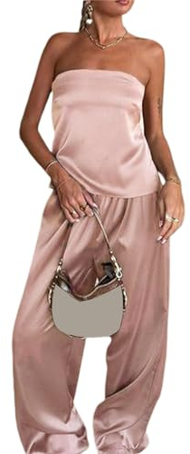Geagodelia Women Summer Plunge Lace-Up Backless Sleeveless Tops Wide Leg Stretch Pants Smooth Fabrics Elegant Ladies Loose Casual Party Beach (Pink, S)