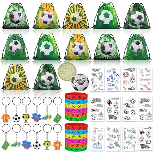 Tigvio 60 Stück Fußball Mitgebsel Fußball Party Mitgebsel Kindergeburtstag mit Kordelzug Taschen Einladungskarten Silikonarmband Schlüsselanhänger Aufkleber für Fussball Geschenke Jungen Mädchen
