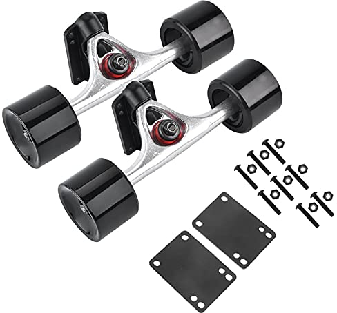 Masyrt Truck-Combo-Set, 2-teiliges -Longboard-Truck-Combo-Set mit Rad-Riser-Pad, Lager-Hardware-Zubehör, Longboard-Bolzen-Skate-Rad-Riser-Pad (schwarzes Rad mit silberner Achse)
