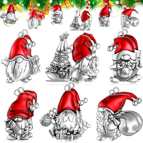 Sumind 12 Pcs Christmas Santa Gnome Ornament Solid Pewter Metal Christmas Tree Ornament DIY Craft Hanging Decoration for Home Party Decorations