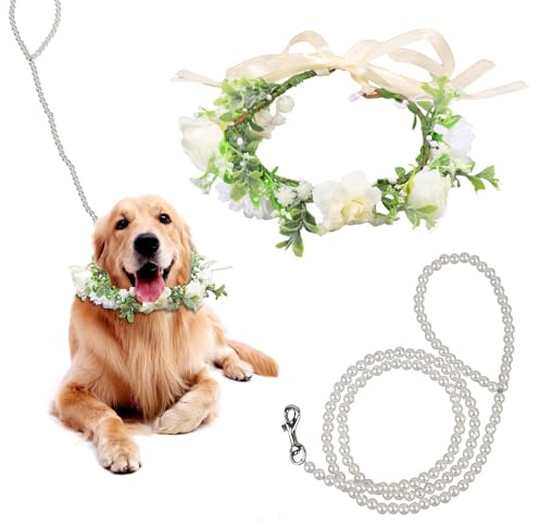 lasuroa Blumenhalsband Für Hunde, Hunde Hochzeitshalsband Blumenhalsband Hund Hochzeit Weibliches Welpenhalsband mit Blumenaccessoire mit Hundeleine für Mittelgroße Hunde Haustiere Foto-Requisite