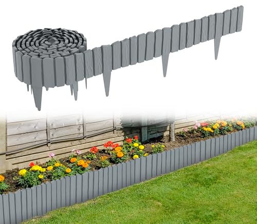 XMTECH Rasenkante Kunststoff Beetumrandung Holzoptik Grau 8er Set | Flexible Gartenbegrenzung aus wetterfestem PP, einfach steckbar und formbar für Rasen, Blumenbeete und Gartenwege