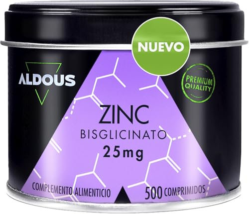 Zinc 25mg - 500 comprimidos + 16 meses - Para el Pelo, Piel y Uñas - Mejorar Sistema Inmunologico - Bisglicinato de Zinc - Sin estearato de Magnesio ni Dióxido de Silicio - Libre de Plástico - ALDOUS