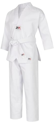 Costume de taekwondo PX BUDO KIDS blanc à revers en V pour enfant (veste à enfiler, pantalon élastique, ceinture blanche), Blanc., 140 cm