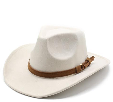 QOHNK Cowboyhut für Damen und Herren, Wildleder, Wolle, Westernhut für Cowboy und Cowgirl, breite Krempe, Fedora-Hüte, beige, Einheitsgröße