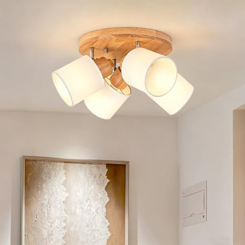 Doughelec Deckenlampe Deckenstrahler 4 Flammig Holz Schwenkbar Rund Vintage | Doughelec Deckenleuchte Deckenspot Stoff Lampe Wandstrahler |MAX 30W für Wohnzimmer Küche Flur Boho |Ohne Leuchtmittel