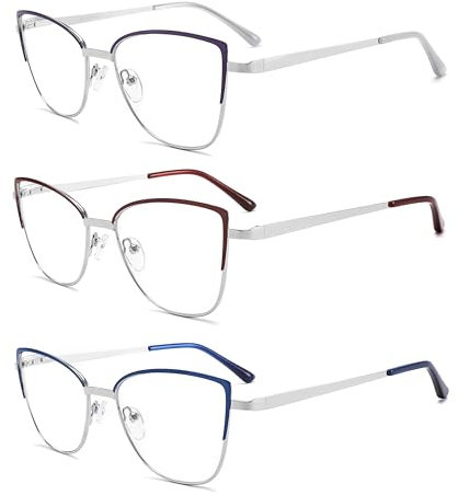 MODFANS 3 Paire de Lunettes de Lecture 1.25 Femme Anti Lumiere Bleue - Monture en Metal Acier Inoxydable Lunettes Loupe Violet-Rouge-Bleu