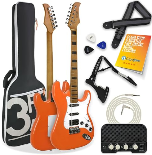 3rd Avenue Stateside Volle Größe 4-4 E-Gitarre Ultimate Kit Mit 5-W-Verstärker, Kabel, Ständer, Gepolsterter Gigbag, Gurt, Plektren – Canyon Orange