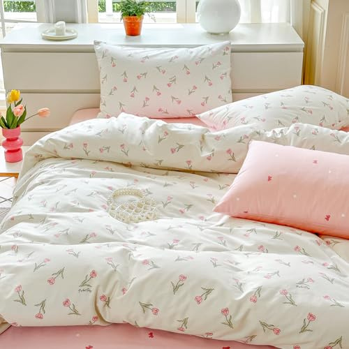 Covebett Bettwäsche Set 135x200 2teilig Baumwolle Rosa Weiß Tulpen Blumen | Floral, Bettbezug und 1 Kissenbezug 80x80 cm, Blümchen Pflanzen, Mädchen, Aesthetic, ÖKO-TEX, Bettwäsche-Sets, Reißverschluss
