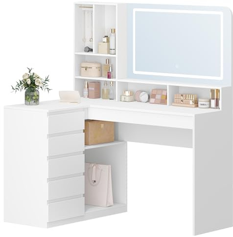 Hzuaneri Sminkbord med Stor Spegel, Sminkbord med LED-Belysning, L-format Hörnsminkbord, med 5 Lådor och 7 öppna Fack, Halsbandskrokar, Sovrum, Omklädningsrum, Modernt, Vitt DT42503XEU