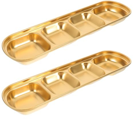 MUCKLILY 2 piezas Platos de Salsa Divididos de Acero Inoxidable con Compartimentos Bandeja para Salsas y Aperitivos Diseño Cuadrado Dorado para Uso Doméstico y Restauración