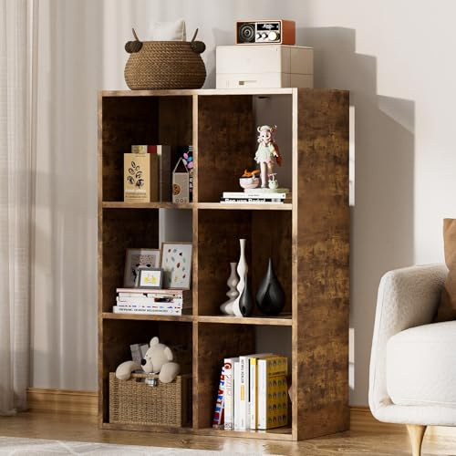 COMHOMA 6 Wood Cube Storage Organizer with Open Back and Removable Back Panels, 11In Brown Cube Storage Bookshelf, Cubicle Shelf Bookcase for Home Office Bedroom Living Room, Vertical or Horizontal