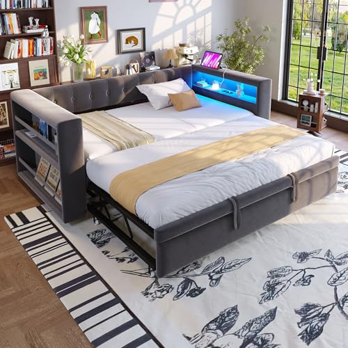 Dolamaní Ausziehbett gleiche höhe Schlafsofa 90/180×190 cm mit LED-Beleuchtung, Polsterbett ausziehbar zum Doppelbett, funktionsbett mit Steckdosen, Samt, ohne Matratze (Dunkelgrau A)