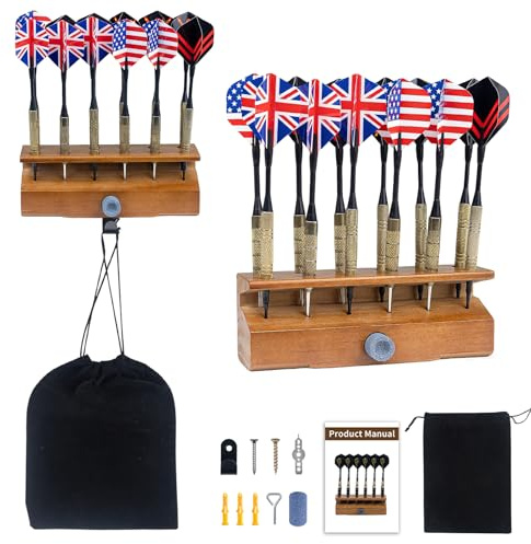 Extguds Wooden 2 In 1 Dart Holder,Can Hold 12 Steel or Soft Tip Darts Dispaly,Wall Mount or Tabletop Display,Including Holer+Hook+Wrench+Sharpener+Portable Bag,Perfect for Displaying Your Darts