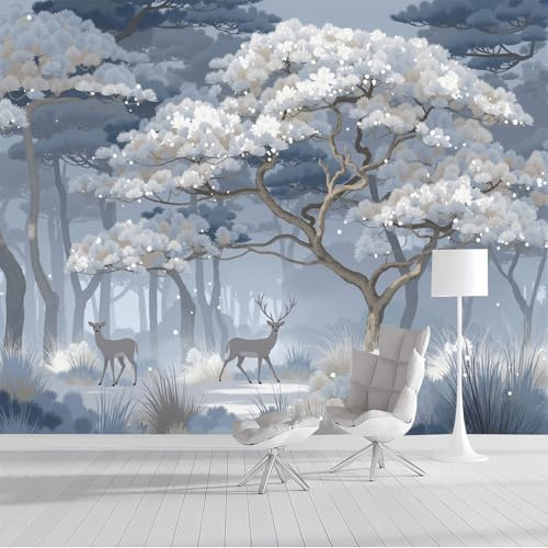ZISTRCBAO Papier Peint Panoramique Forêt De Brouillard De Cerfs, Forêt Rétro Mural Fond D'écran, Gris Revêtement Murales Pour Salon Chambre Couloir TV Fond Décor Mural 250x175cm