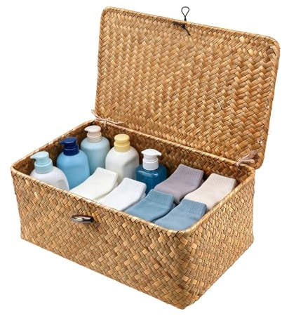 IHONYI Wicker Storage Basket – Seagrass Basket with Lid, Hand-Woven, with Sturdy Wire Frame, Laundry Baskets, Baskets & Storage Box for Bathroom, Shelf, Bedroom, Living Room (S)