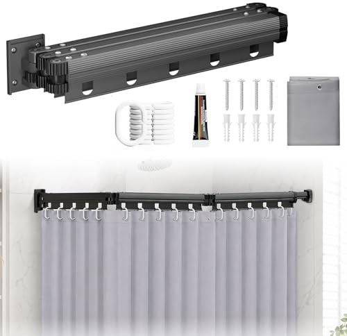 Faltbarer Duschvorhang mit Duschvorhangstange, Wandmontage Eckvorhangstangen, Klappbare Duschvorhangstange für Badezimmer, für Kleine Badezimmer, Umkleideräume (Lichtgraue Klebstoffbohrung)