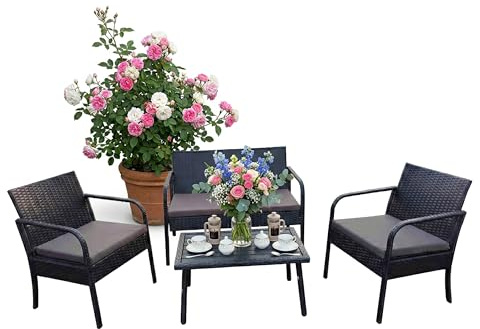 Relaxdays Gartenmöbel Set, 4-TLG. Rattan Sitzgruppe, 4 Personen, Bank, 2 Stühle & Tisch, Loungemöbel, Outdoor, schwarz
