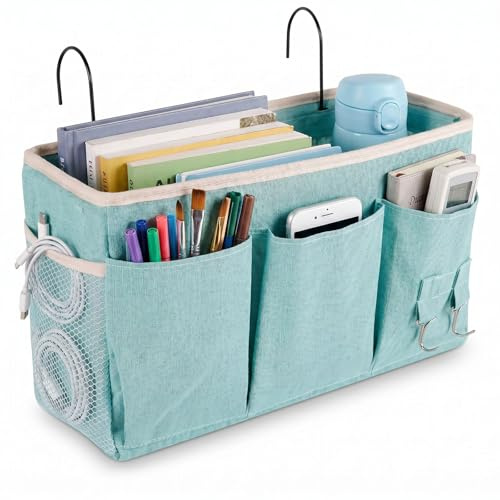 Dexpally Bett Organizer zum Einhängen Groß Betttasche zum Einhängen mit 3 Fächern und Metallhaken, Aufbewahrungstasche, Magazin, Buch, für Schlafsaal, Zuhause, Büro, Schule