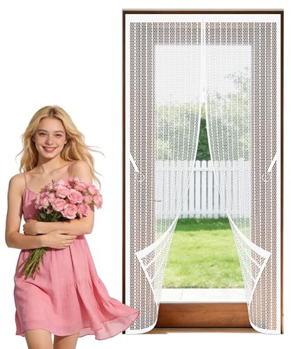 Magnet Fly Screen Door 79 x 251 cm with Magnetic Closure Mosquito Double Door Shuts Automatically Easy to Install Without Drilling Suitable for Patio Room Balcony Bedroom, White