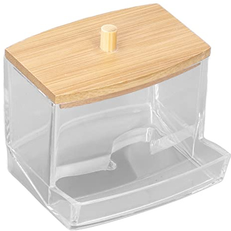 Cocoarm Caja para Hisopos de Algodón Contenedor para Hisopos de Algodón de Plástico y bambú con Tapa Diseño Transparente Superficie Lisa para Tocador de Baño Herramientas de Maquillaje