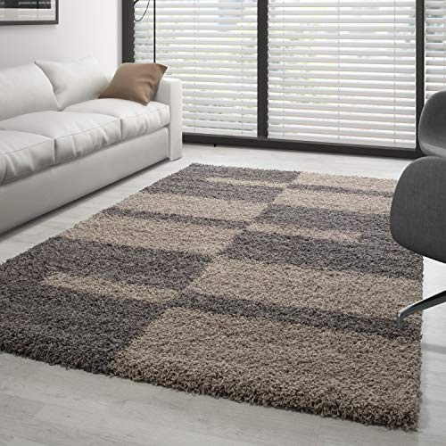 Carpettex Hochflor Teppich Wohnzimmer Shaggy Flokati Teppich Modern Kariert Design 160 x 230 cm Taupe - Teppich Schlafzimmer Weich Flauschig Waschbar Teppich Küche Esszimmer - Langflor Teppiche