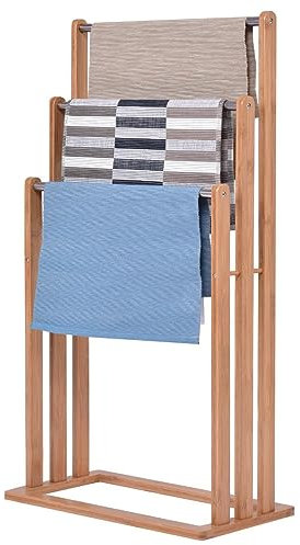 COSTWAY Porte-Serviettes avec 3 Barres Support pour Serviettes sur Pied en Bois Portant Vêtements Accessoires de Salle de Bain Serviteur de Chambre, 24 x 46 x 84 cm
