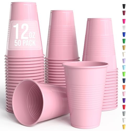Exquisite Party Solids 12 Oz Pink Plastic Cups For Party Supplies 50 Pack | Pink Disposable Cups Plastic | Disposable Drinkware For Parties, Events & Everyday