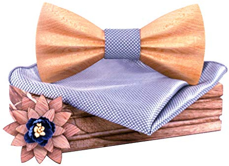 Lovacely Handgefertigte Herren-Fliege aus Naturholz, 3D-Design, mit Einstecktuch und Ansteckblume aus Holz, Ahorn, Hellgrau, Einheitsgröße