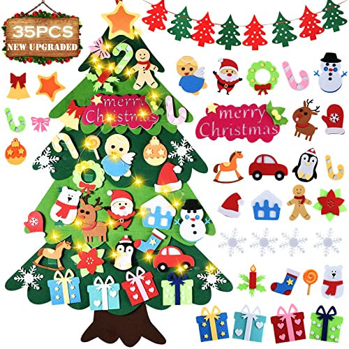 UNTIL YOU Felt Christmas Tree,DIY Felt Christmas Trees for Toddlers with 34pcs Xmas Ornament, 3.35ft DIY Christmas Tree Set for Kids, Handmade New Year Christmas Door Wall Hanging Decorations