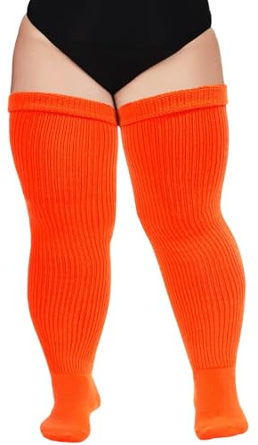 Moon Wood Plus Size Overknees Strümpfe Damen Extra Lange Überknie Kniestrümpfe Damen Thigh High Socks Soft Warme Stulpen mit Garter Große Größe Neon Orange